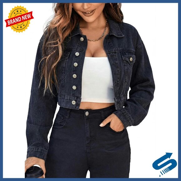 Cropped Denim Jacket Oversized Vintage Distressed Dark Wash Women's Coat